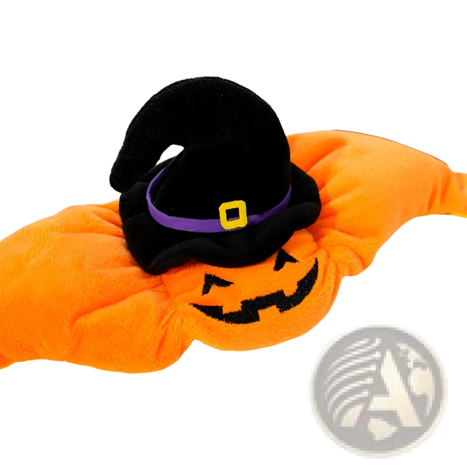 Orange plush pumpkin dog costume with black witch hat featuring purple band and yellow buckle for Halloween pet apparel