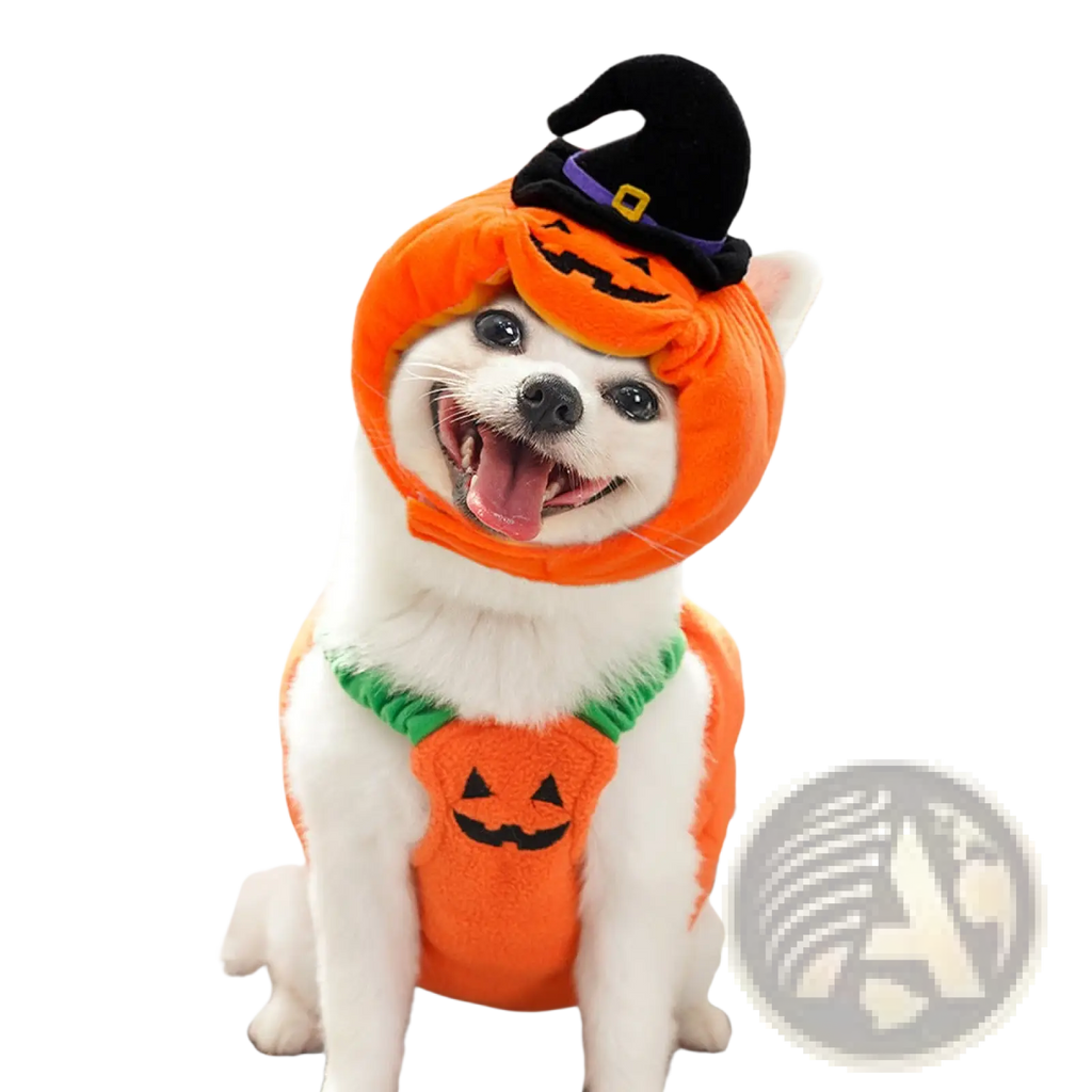 Orange plush pumpkin dog costume with black witch hat and green trim for Halloween pet apparel