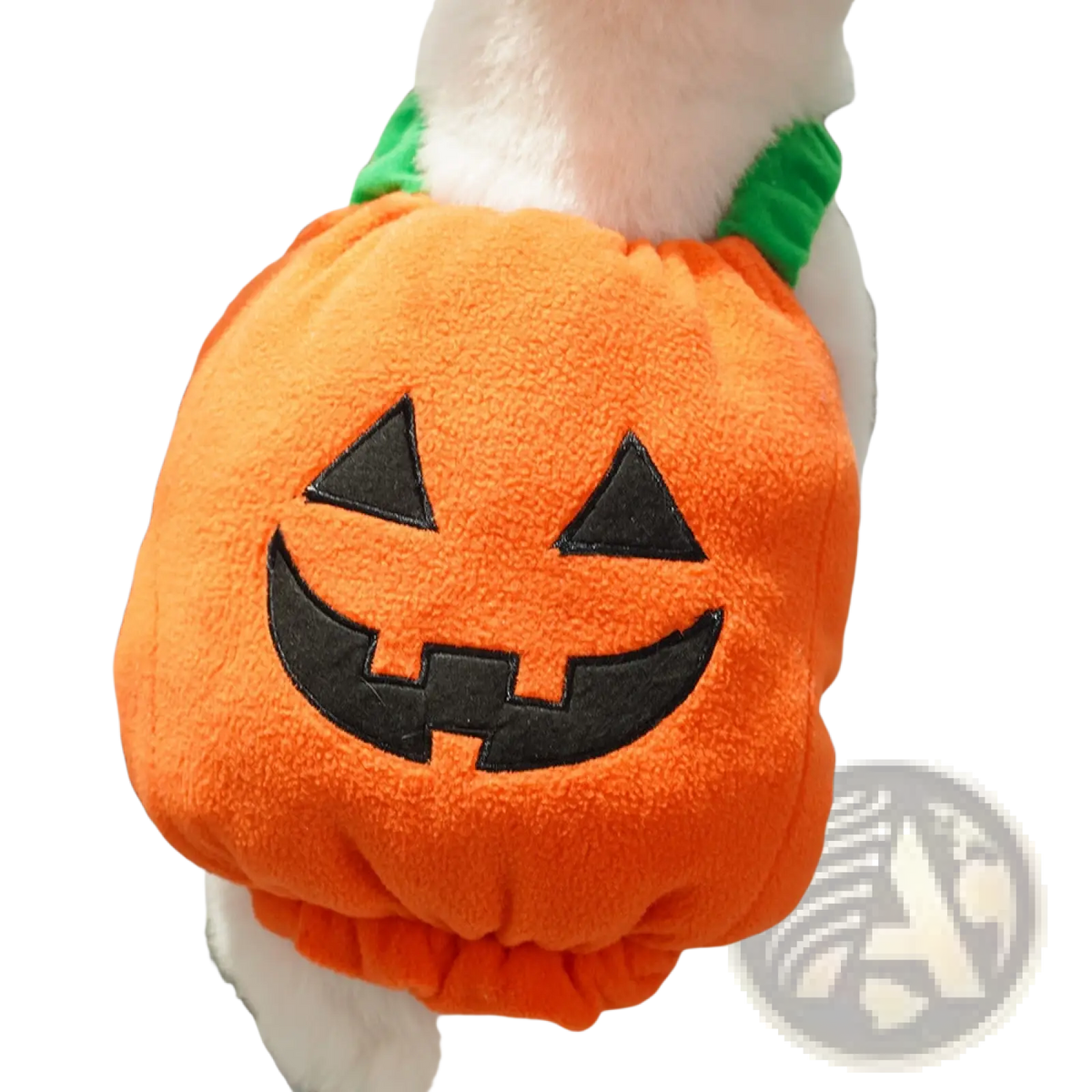 Orange plush pumpkin dog costume with black embroidered face and green fabric stem for halloween pet apparel