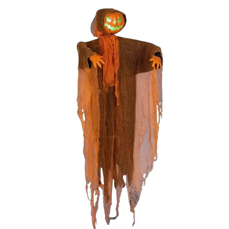 Orange glowing pumpkin scarecrow hanging halloween decoration with led eyes tattered fabric robe and skeletal hands