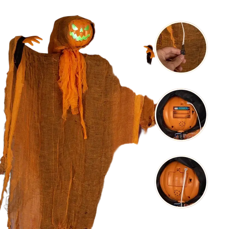 Orange pumpkin scarecrow hanging halloween decoration with glowing led green eyes made of fabric and plastic