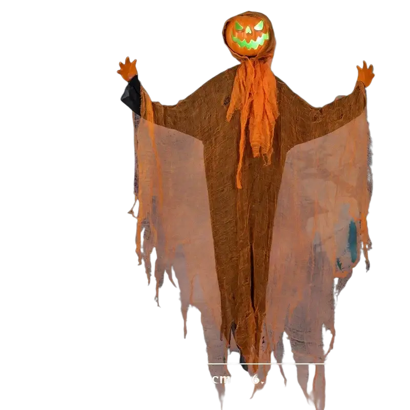 Orange pumpkin scarecrow hanging halloween decoration with LED eyes and tattered brown and orange fabric body