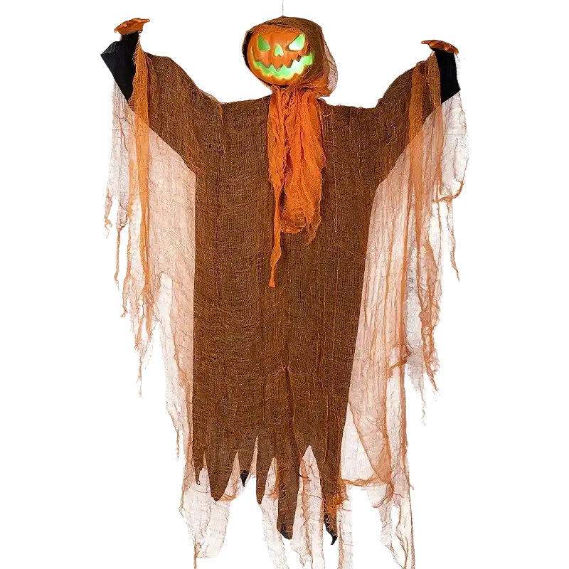 Orange glowing pumpkin scarecrow hanging halloween decoration with led eyes and tattered brown fabric body and orange mesh draping