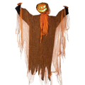 Orange glowing pumpkin scarecrow hanging halloween decoration with led eyes and tattered brown fabric body and orange mesh draping