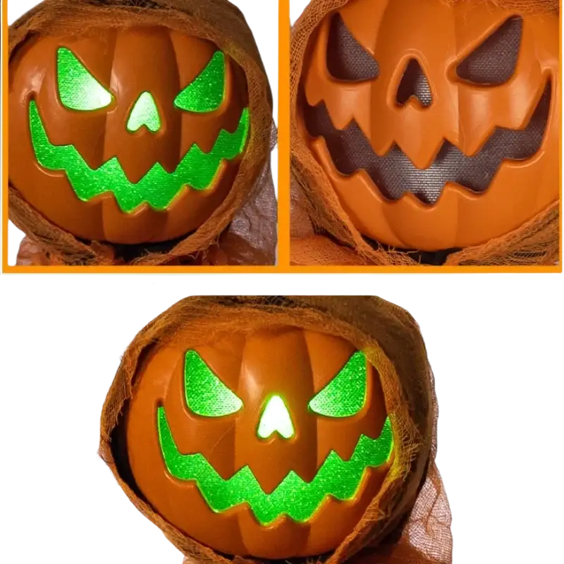 Orange plastic pumpkin scarecrow halloween decoration with glowing green led eyes and brown netting wrap