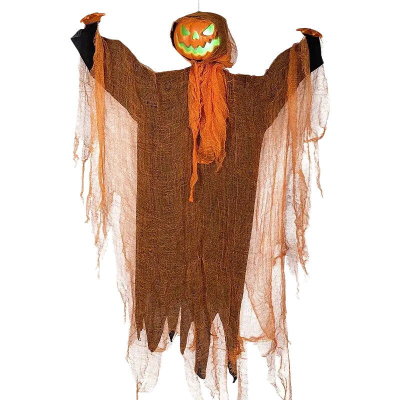 Pumpkin scarecrow led hanging halloween decoration with glowing orange pumpkin head and tattered brown fabric body