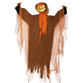 Pumpkin scarecrow led hanging halloween decoration with glowing orange pumpkin head and tattered brown fabric body