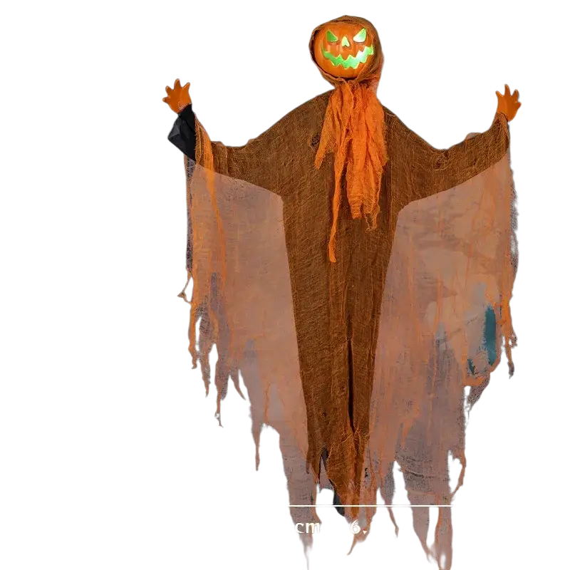 Orange pumpkin-headed pumpkin scarecrow with tattered brownish-orange fabric body and glowing green eyes led hanging decoration