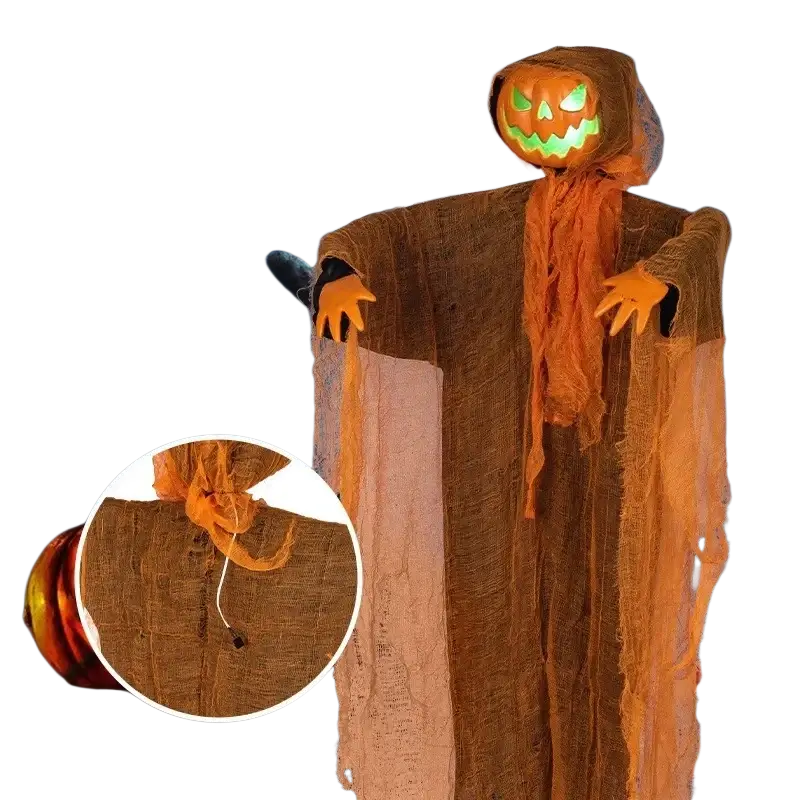 Orange pumpkin scarecrow led hanging halloween decoration with glowing green eyes and tattered brown fabric robes