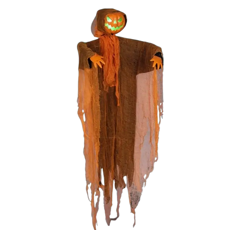 Orange glowing pumpkin scarecrow led hanging halloween decoration with tattered translucent fabric and skeletal hands