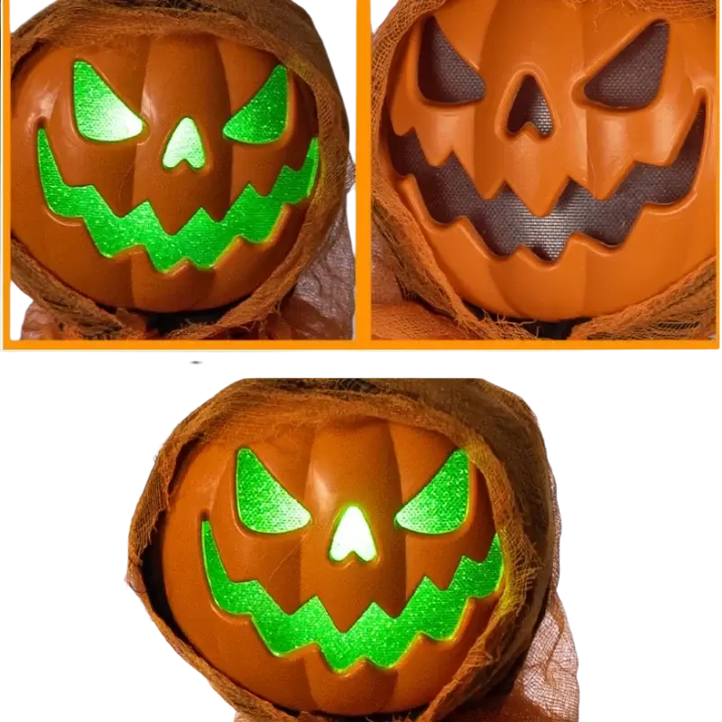 Orange plastic pumpkin scarecrow with glowing green led lights and brown fabric wrapping for hanging halloween decor