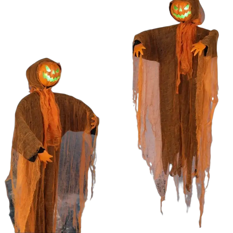 Two glowing orange pumpkin scarecrow led hanging halloween decorations with tattered brown robes and green led eyes