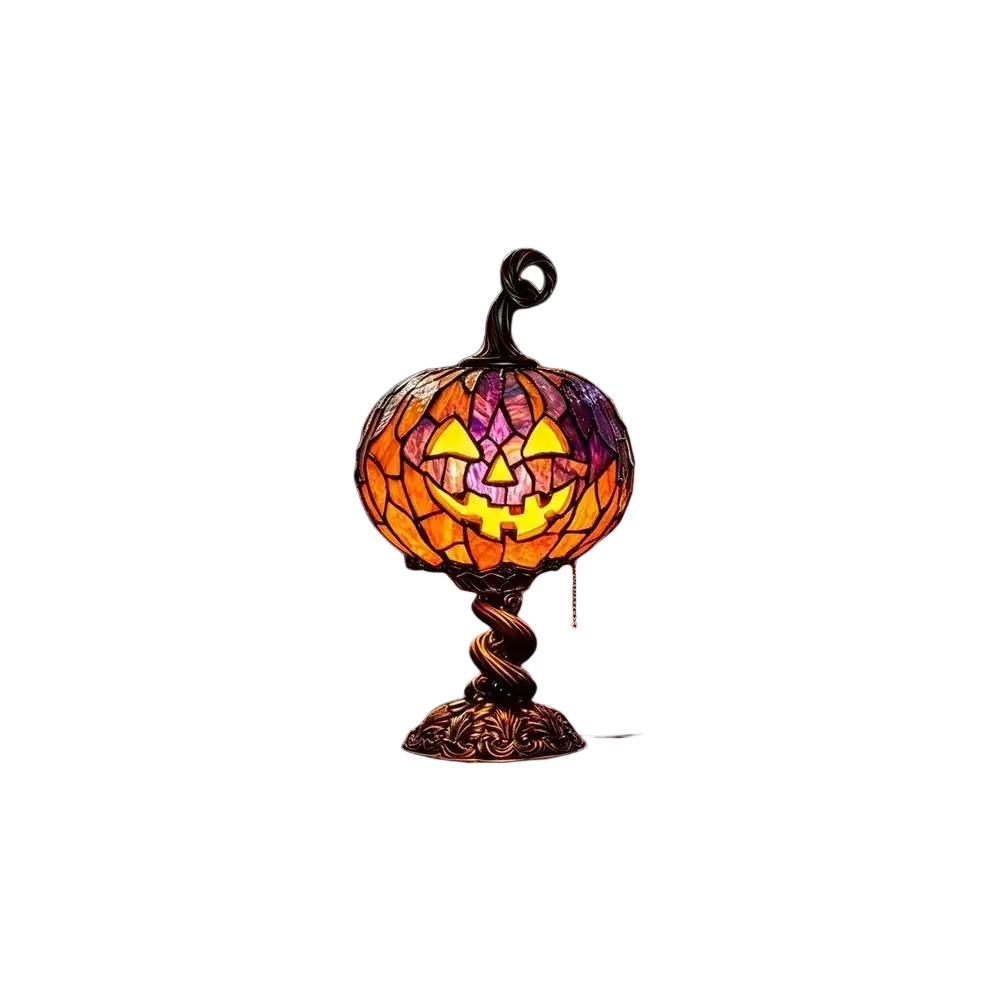Decorative pumpkin table lamp with stained glass pumpkin design in orange and purple hues for Halloween decor