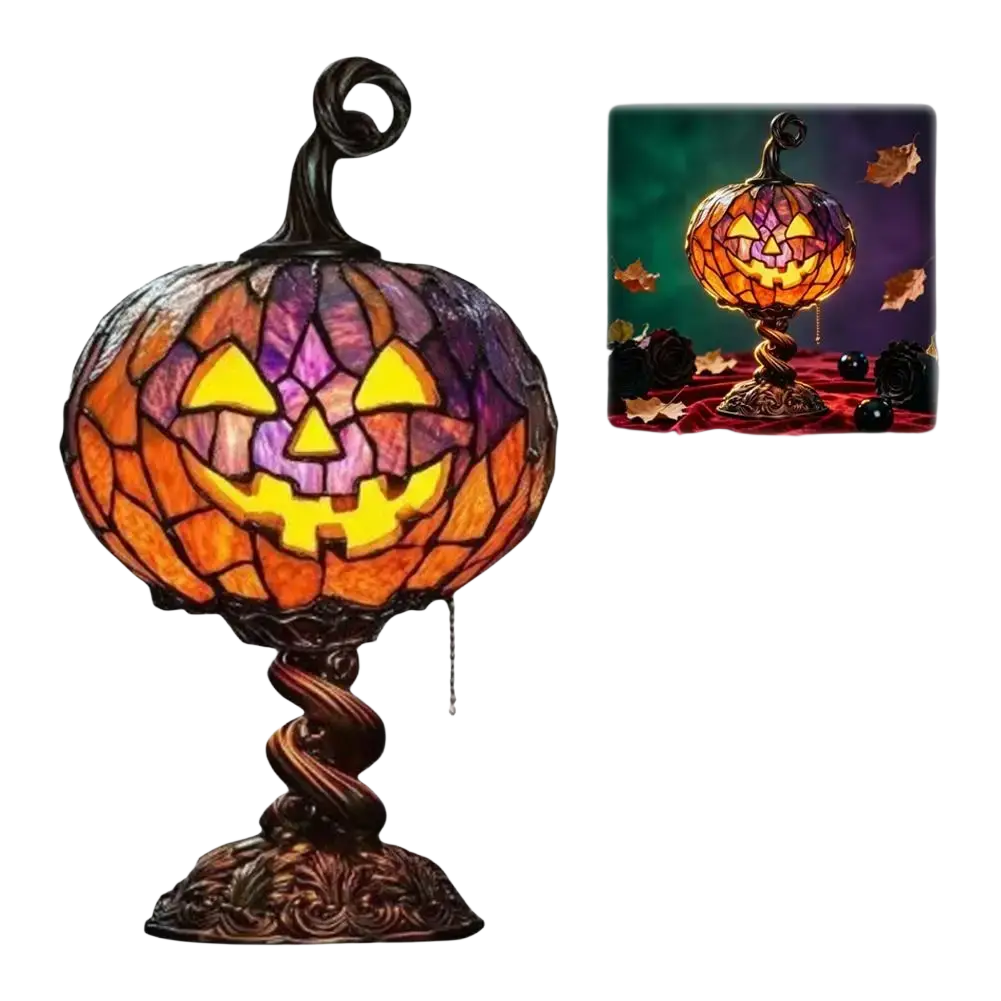 Orange and purple stained glass halloween pumpkin table lamp with a smiling face for seasonal decor pumpkin light