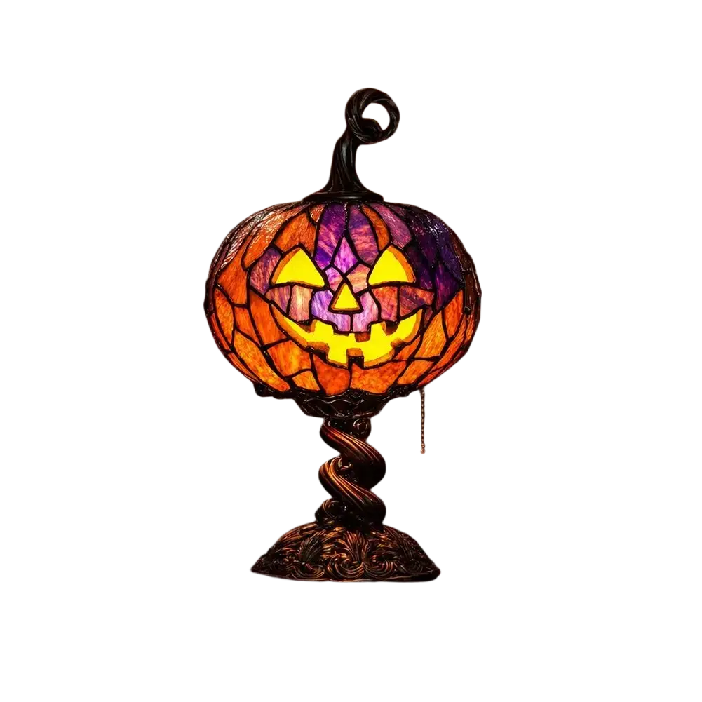 Pumpkin table lamp stained glass halloween decor with a vibrant orange and purple mosaic pumpkin light smiling face