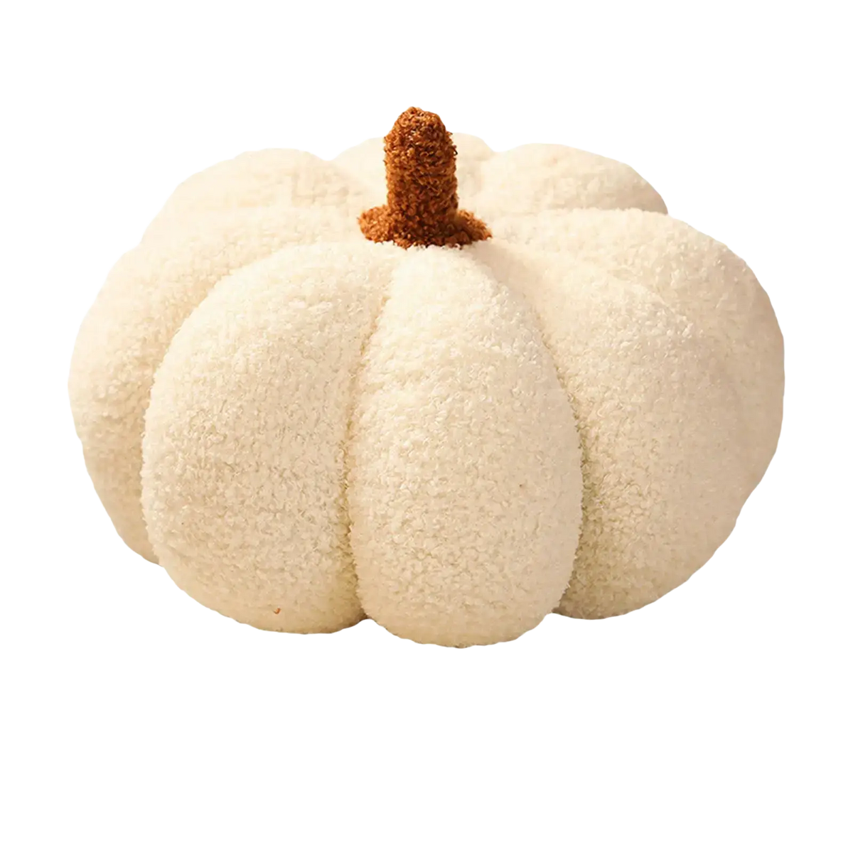 Cream-colored plush halloween pumpkin throw pillow with brown fuzzy stem measuring 23cm in diameter