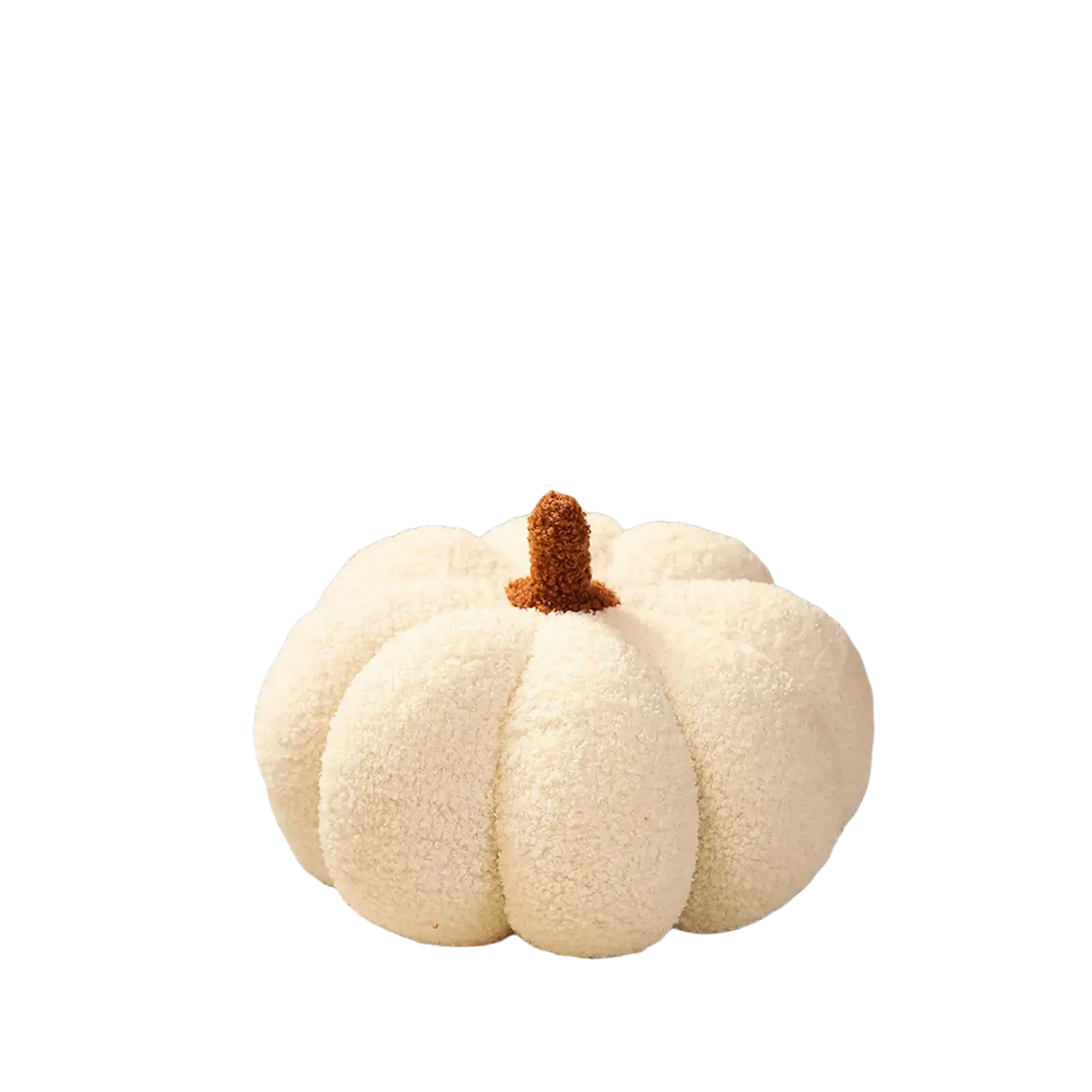 Cream-colored plush pumpkin throw pillow with brown stem on gray couch halloween pumpkin pillows decor