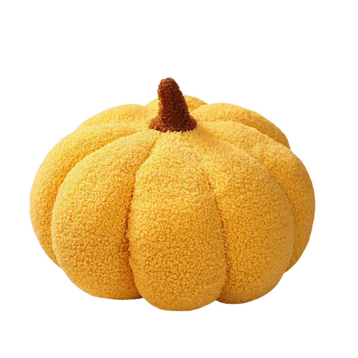 A plush golden-yellow halloween pumpkin throw pillow with a brown stem and textured fabric for seasonal decor