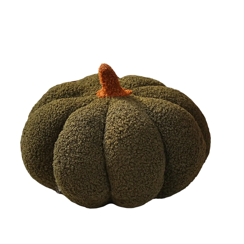 Olive green plush halloween pumpkin throw pillow with textured fuzzy surface and orange stem for seasonal decor