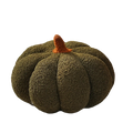 Olive green plush halloween pumpkin throw pillow with textured fuzzy surface and orange stem for seasonal decor