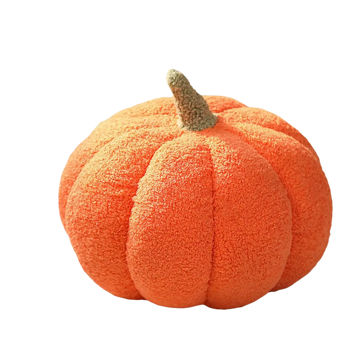 Orange plush pumpkin throw pillow with textured fuzzy surface and brown stem for halloween pumpkin pillows
