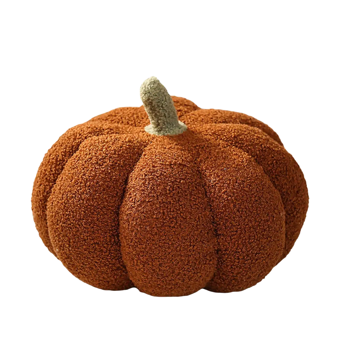 Plush orange pumpkin throw pillow with fuzzy texture and light green stem perfect for halloween pumpkin decor