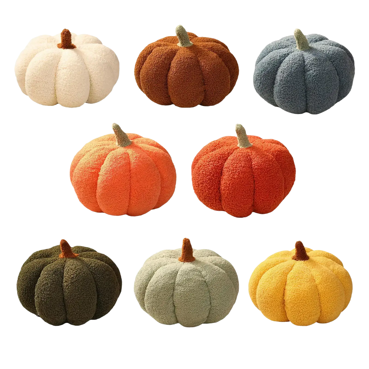 Plush pumpkin throw pillows in cream orange blue green beige and yellow with soft textures and brown stems for halloween decor
