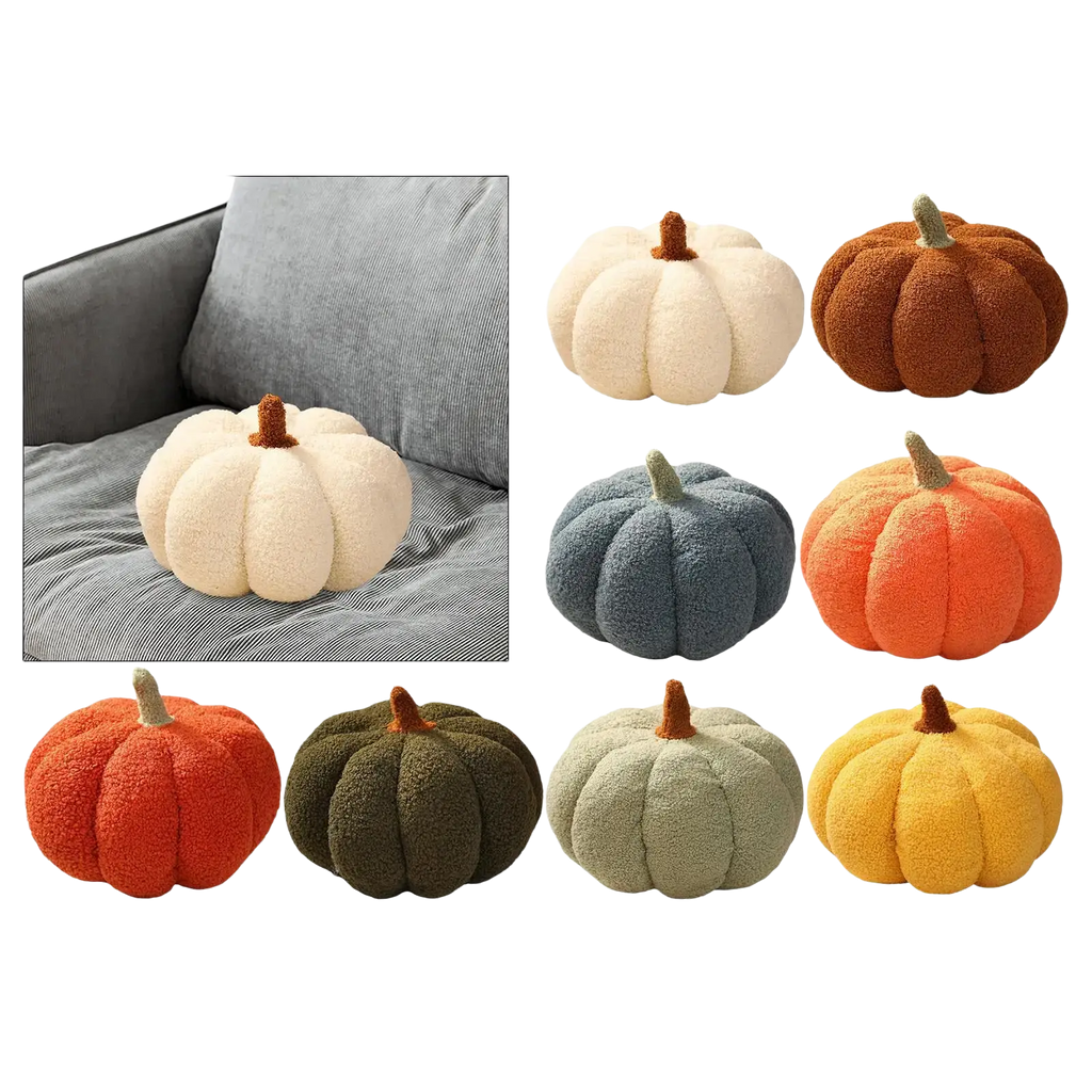 Pumpkin throw pillow cream plush halloween pumpkin cushion in soft fuzzy fabric with brown stem and green top