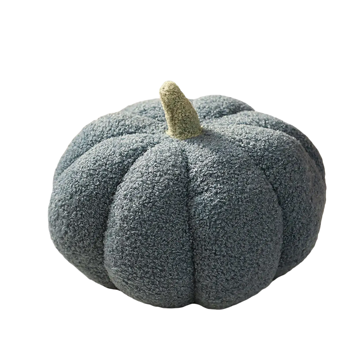 Soft gray plush pumpkin throw pillow with fuzzy green stem ideal for halloween pumpkin pillows and decor