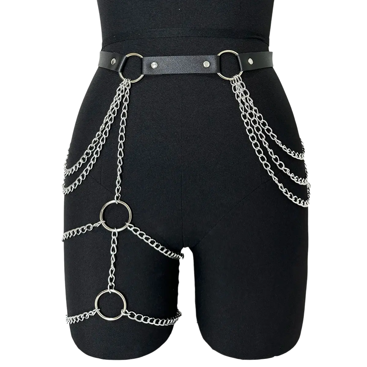 Black leather punk gothic garter belt with silver chain and ring detailing for edgy fashion statements