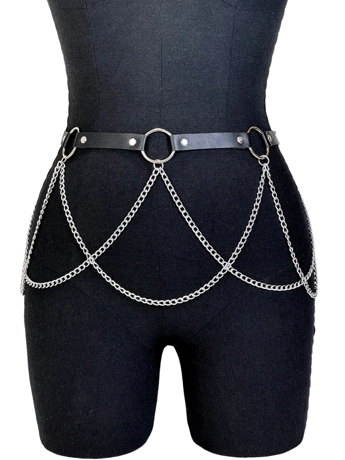 Punk gothic leather garter belt featuring black leather with silver-toned metal chains and rings