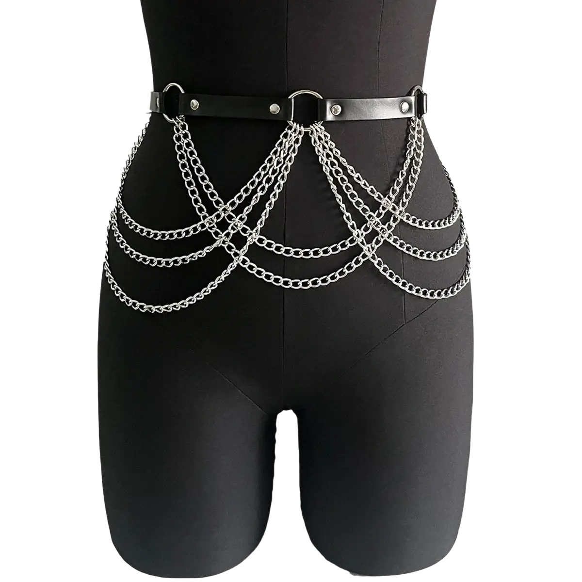 Punk gothic leather garter belt in black with multiple silver chains dangling from the belt front