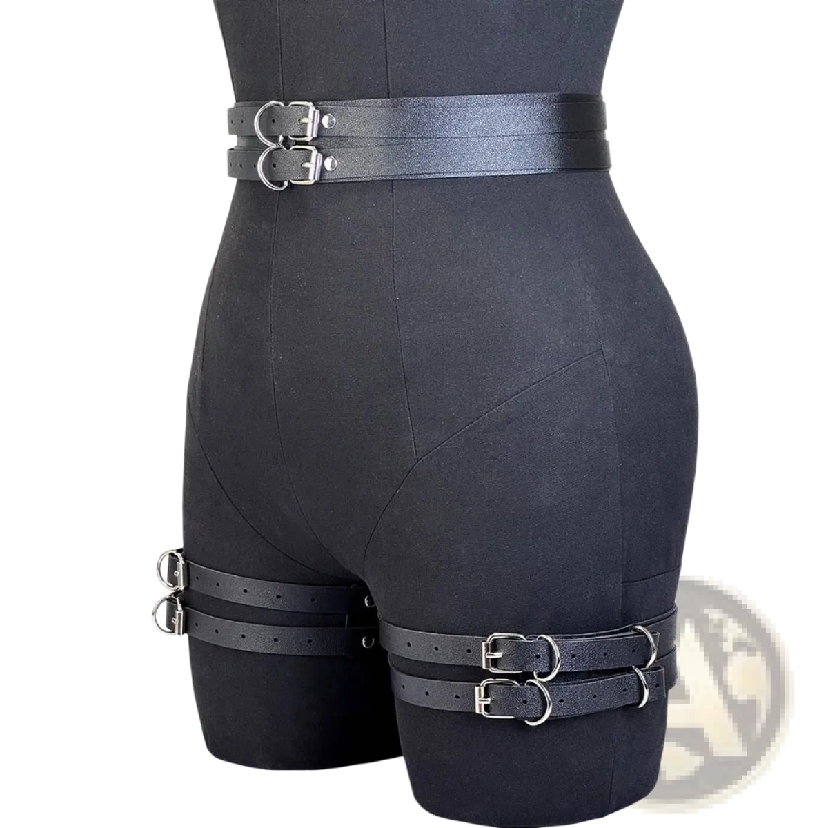 Black leather punk gothic garter belt with silver toned metal buckles and adjustable straps for edgy style