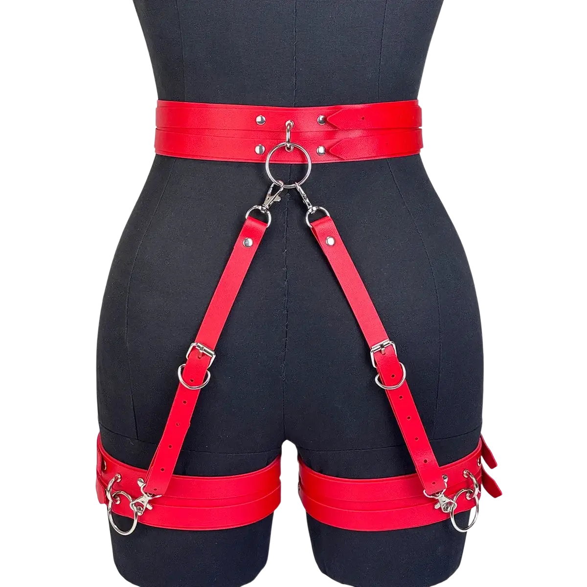 Red leather punk gothic garter belt with silver metal hardware and adjustable straps shown from the back side