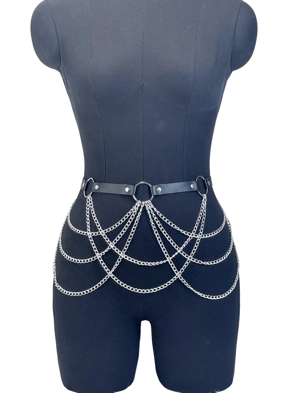 Punk gothic leather garter belt with silver chain belt black leather straps and metal rings visible from the back