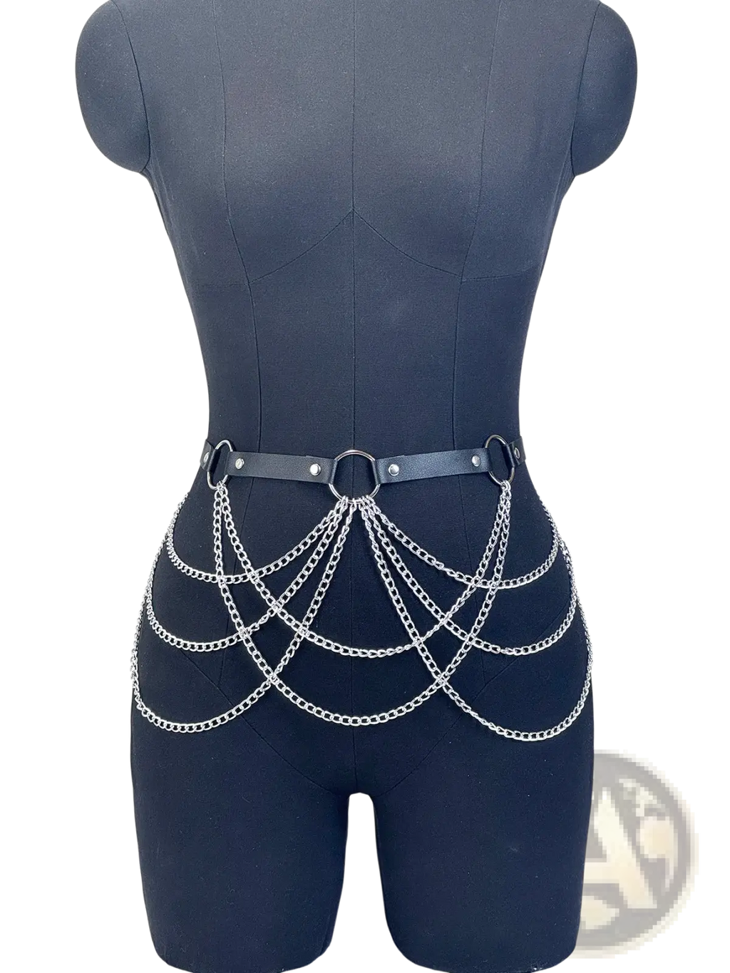 Punk gothic leather garter belt with silver chain belt black leather straps and metal rings visible from the back
