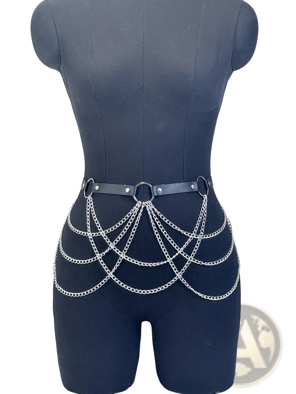 Punk gothic leather garter belt with silver chain belt black leather straps and metal rings visible from the back