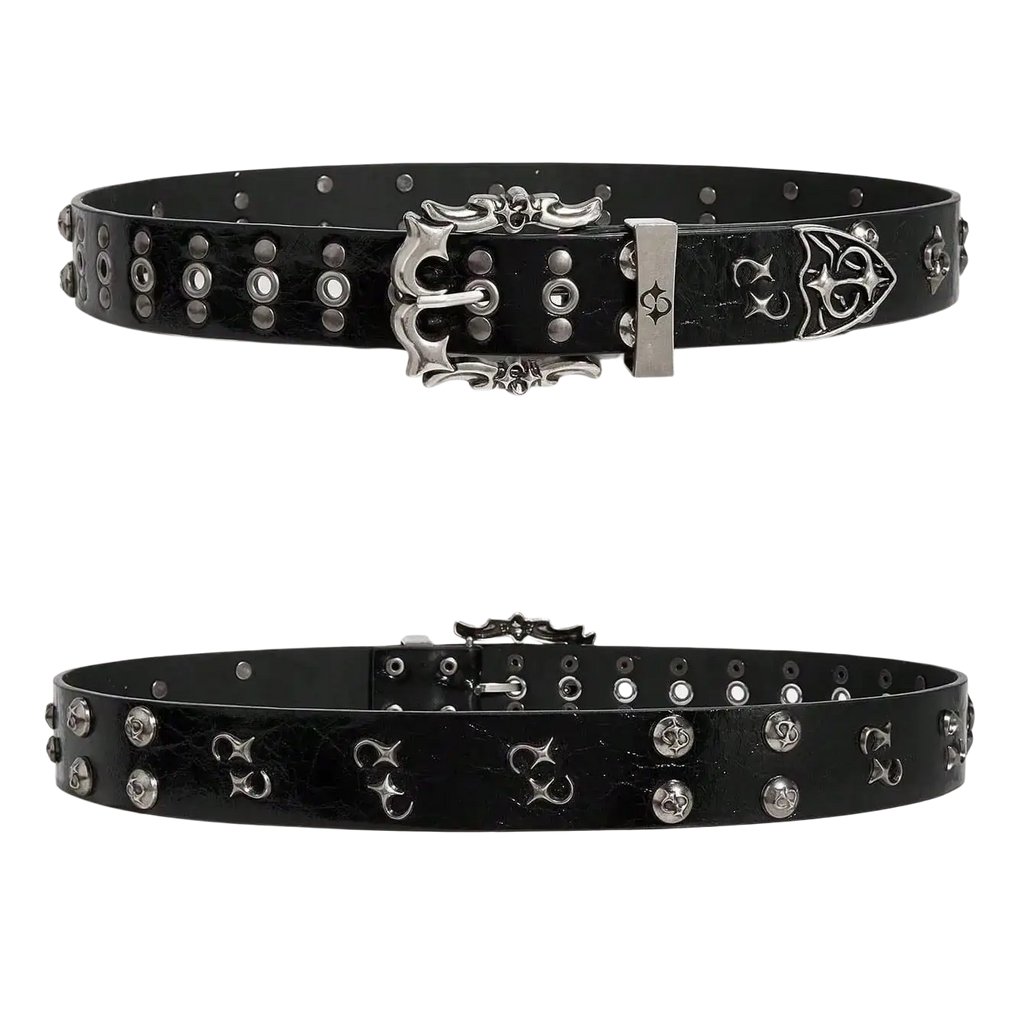Black studded belt with silver skull ornate buckle featuring y2k retro bohemian punk rock design unisex accessory