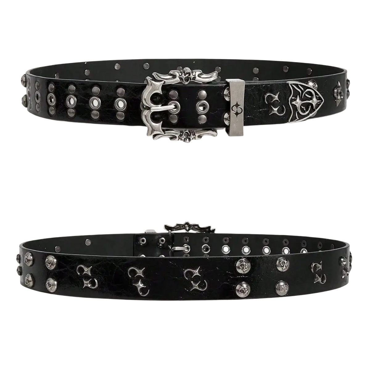 Black studded belt with silver skull ornate buckle featuring y2k retro bohemian punk rock design unisex accessory