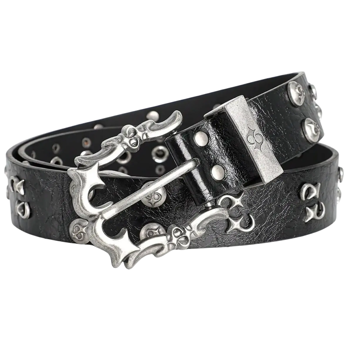 Black leather punk rock belt with silver skull and crossbones buckle and metallic studs in y2k retro bohemian style
