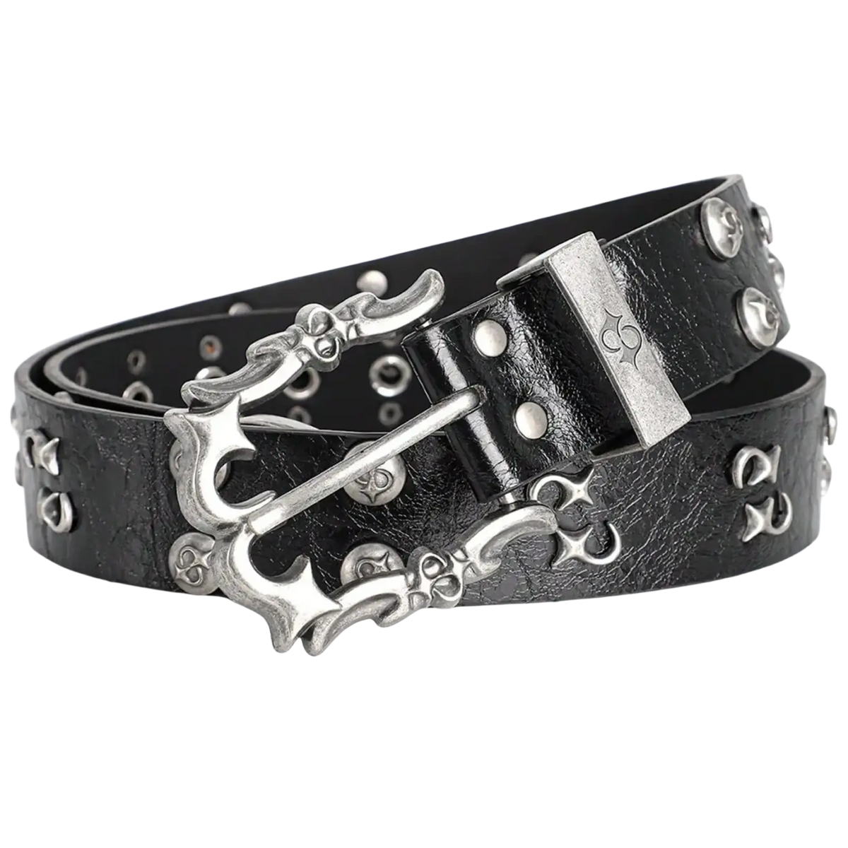 Black leather punk rock belt with silver skull and crossbones buckle and metallic studs y2k retro bohemian style