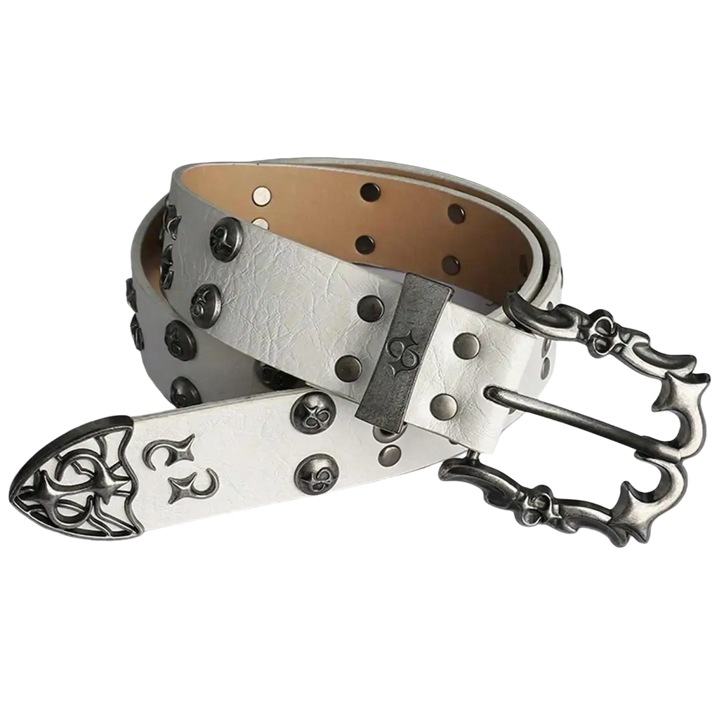Silver-toned leather punk rock studded belt with ornate metal buckle in retro bohemian y2k style unisex design