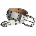 Silver-toned leather punk rock studded belt with ornate metal buckle in retro bohemian y2k style unisex design