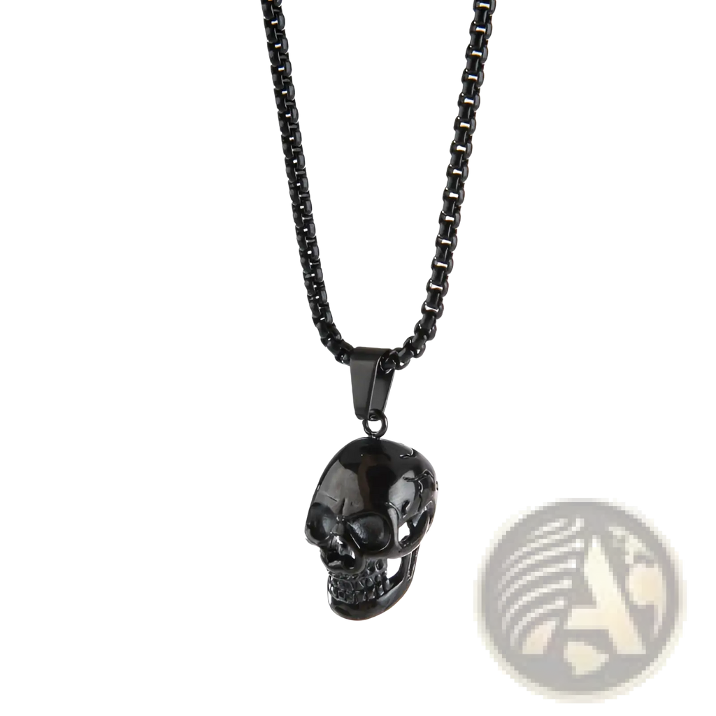 Black skull pendant titanium steel necklace with sleek glossy finish and matching black chain for men and women