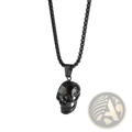 Black skull pendant titanium steel necklace with sleek glossy finish and matching black chain for men and women