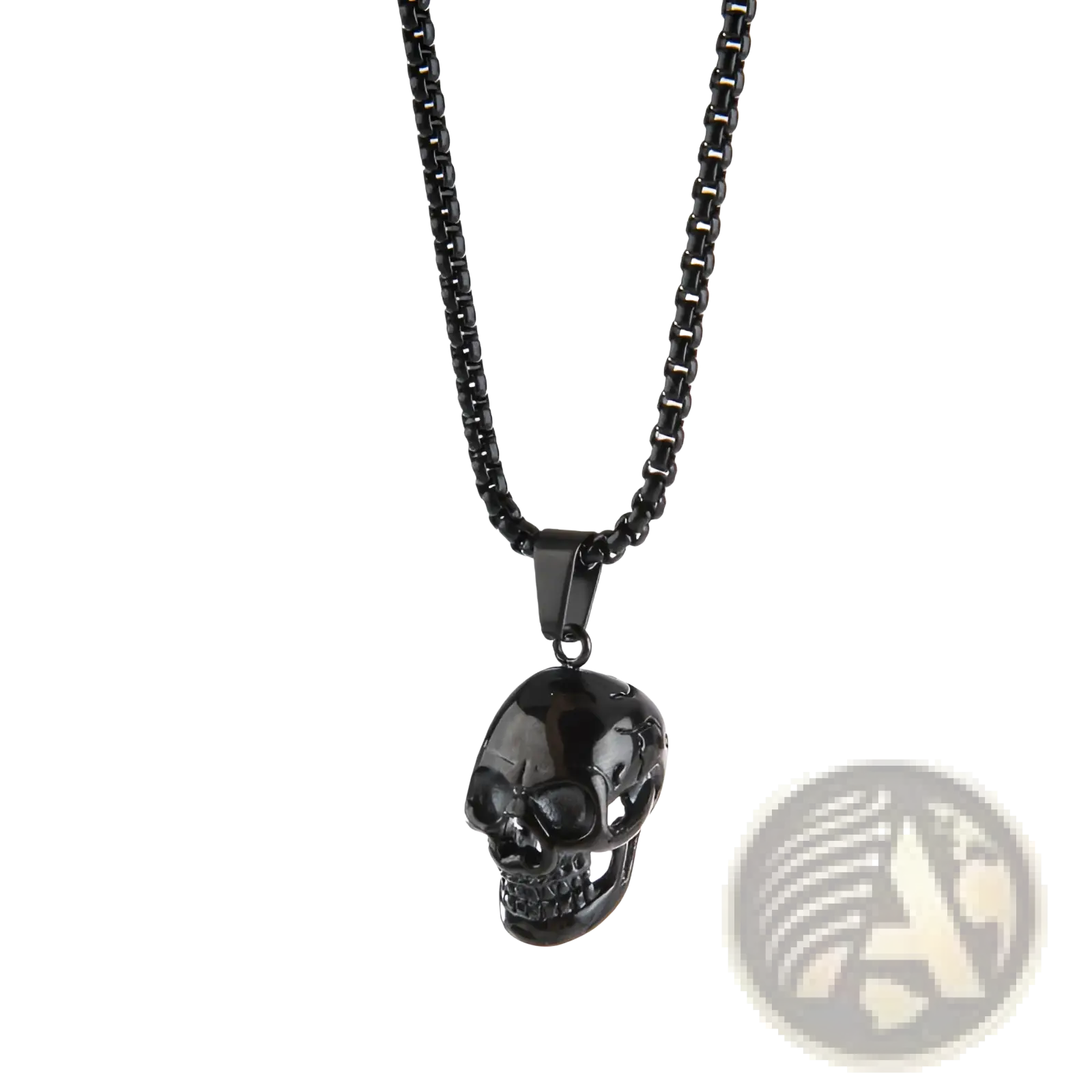 Black skull pendant titanium steel necklace with sleek glossy finish and matching black chain for men and women