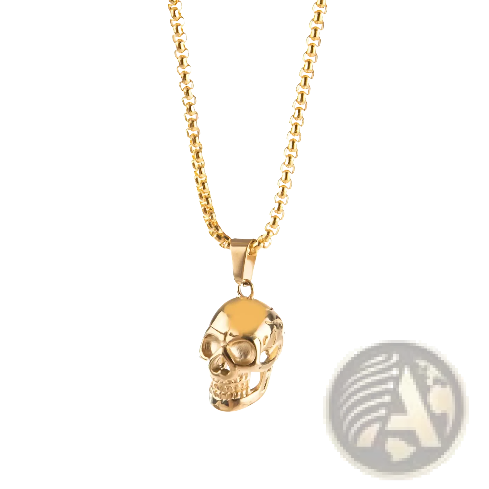 Gold-plated punk skull pendant hanging from a matching gold titanium steel chain necklace for men and women