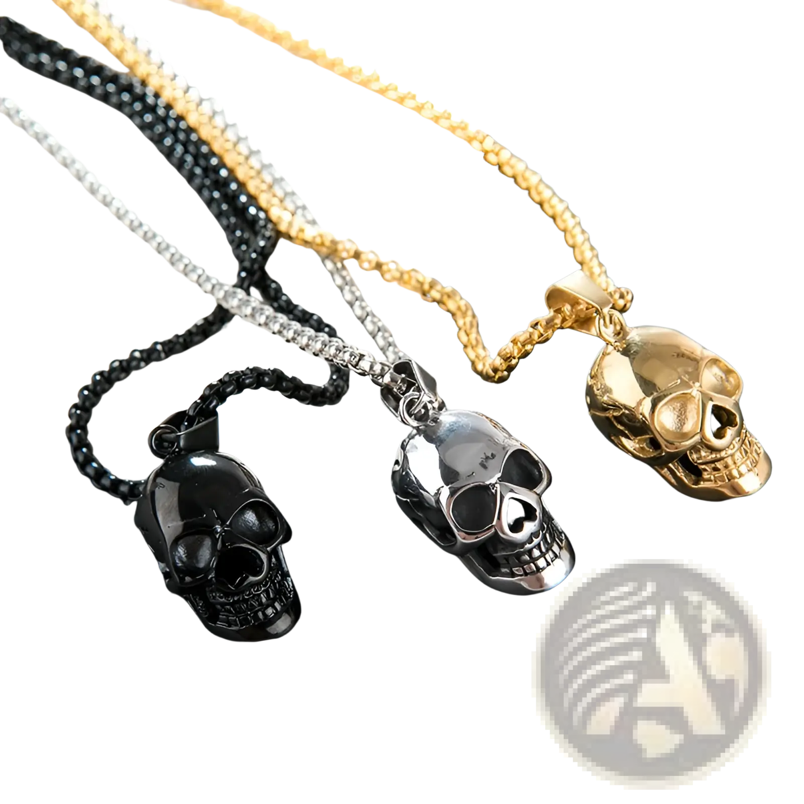 Three skull-shaped pendant necklaces in black silver and gold titanium steel for men and women punk style