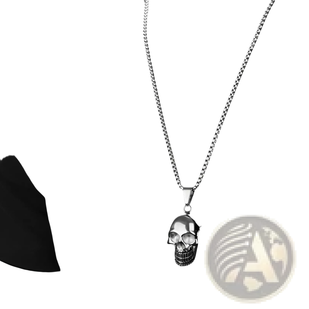 Silver punk skull pendant necklace with titanium steel chain for men and women displayed on a white background