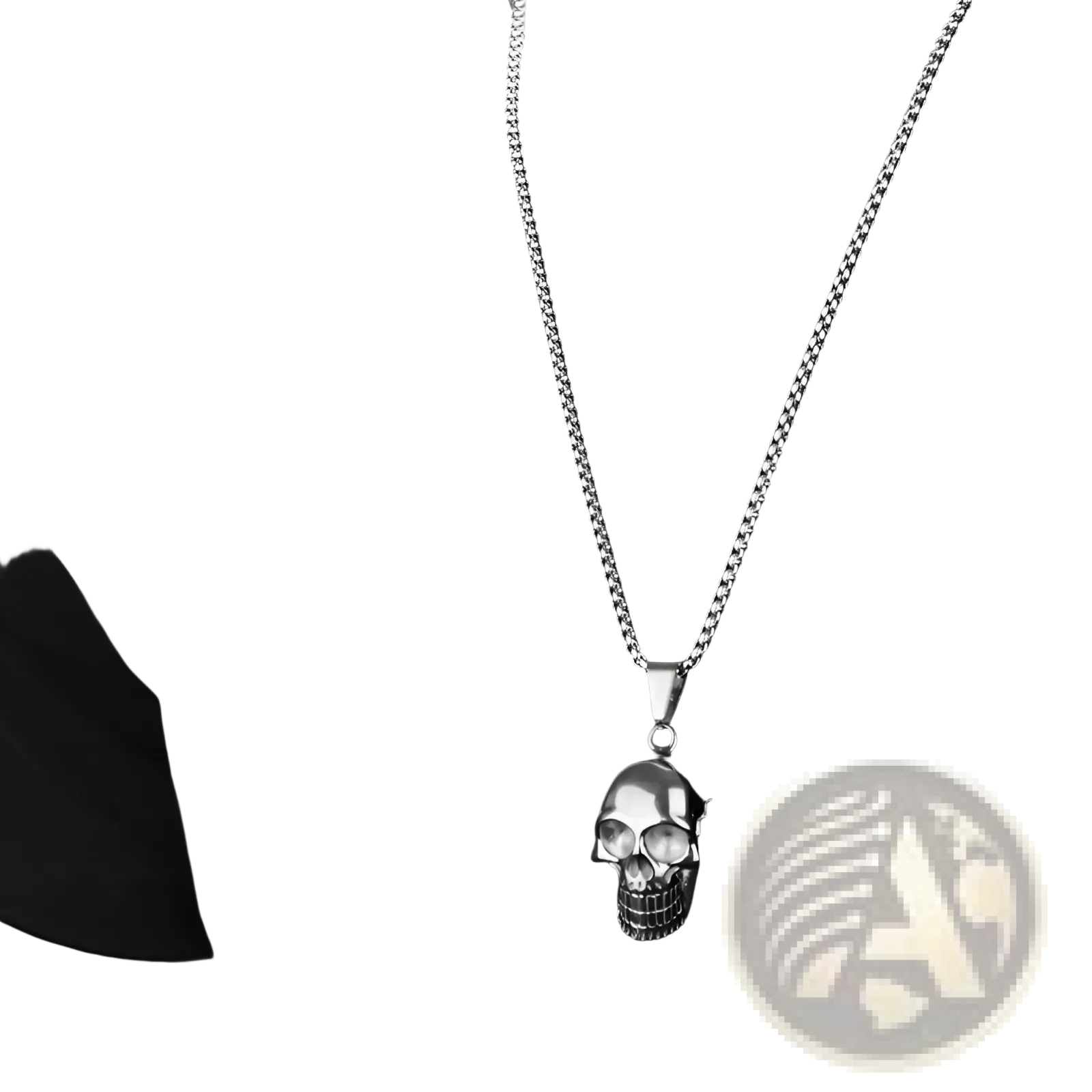 Silver punk skull pendant necklace with titanium steel chain for men and women displayed on a white background